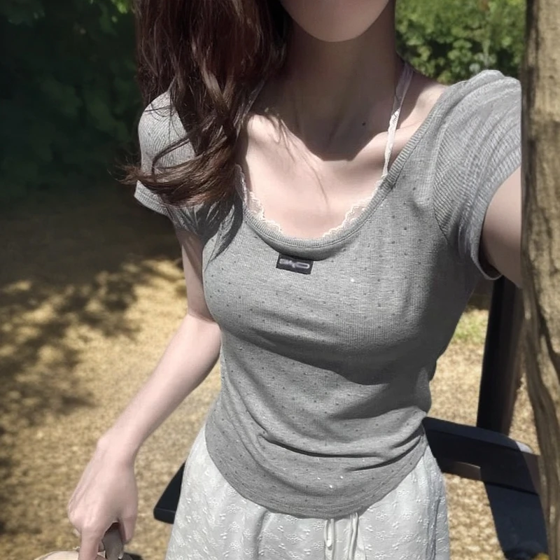 灰色u领假两件正肩短袖t恤女夏季小个子修身短款洋气挂脖打底上衣