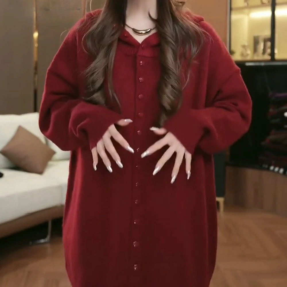 宽松版加大连帽加厚毛衣女装开衫时尚秋冬百搭女士中长款灰色韩版