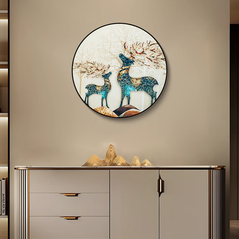 轻奢圆形装饰画入户玄关走廊过道现代简约晶瓷画餐客厅挂画鹿6060