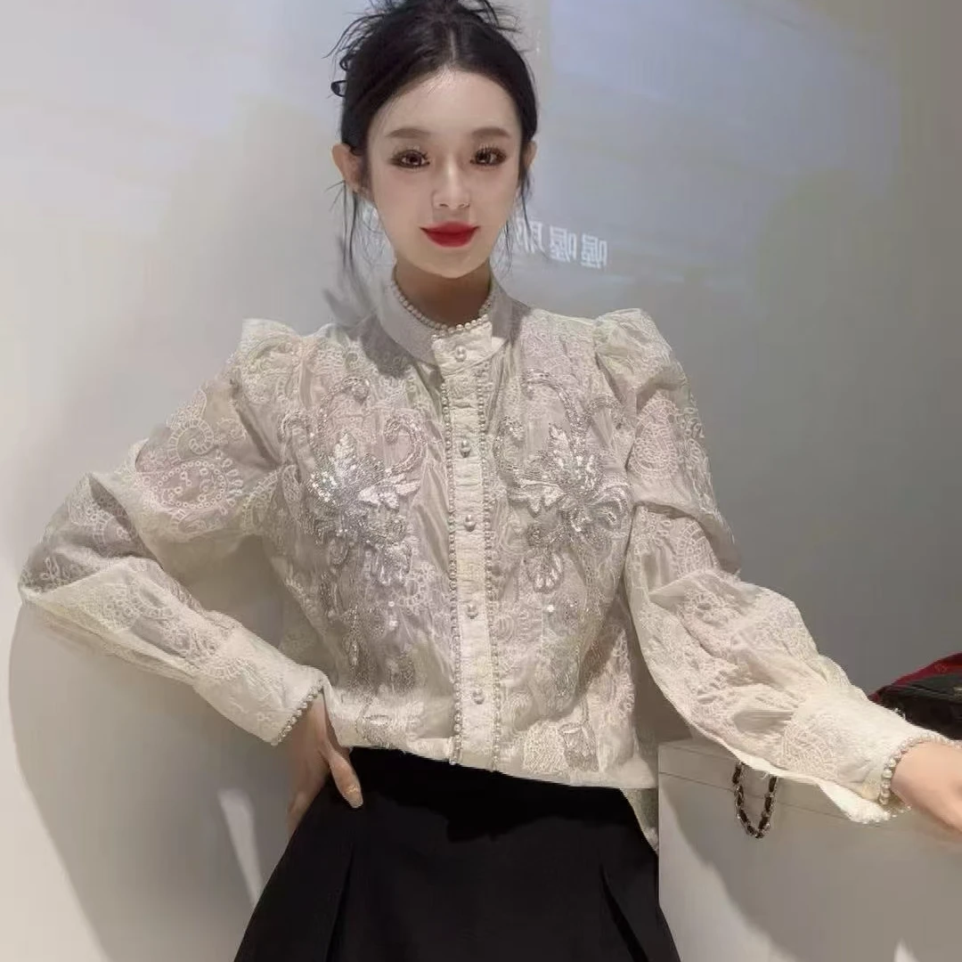 大码法式蕾丝网红百搭时尚显瘦重工刺绣设计感衬衫上衣