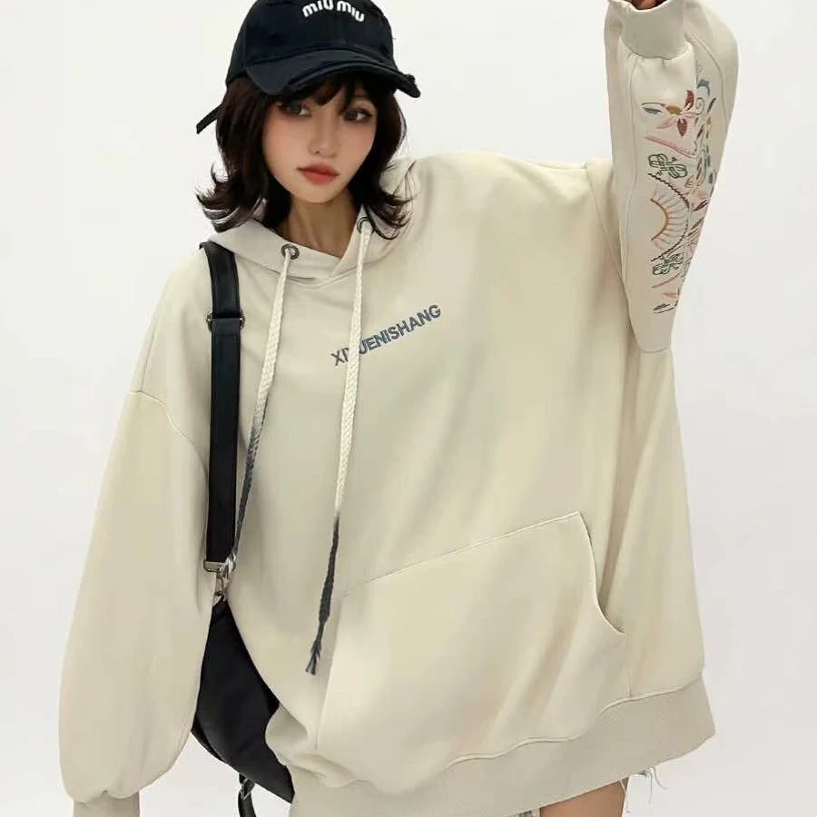 国潮刺绣中长款连帽卫衣女胖mm宽松遮肉中式帽衫200斤大码外套潮