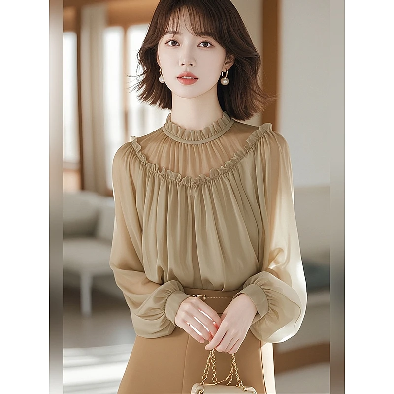 早秋新款法式气质独特漂亮绝美超好看奶茶色雪纺小上衣长袖衬衫