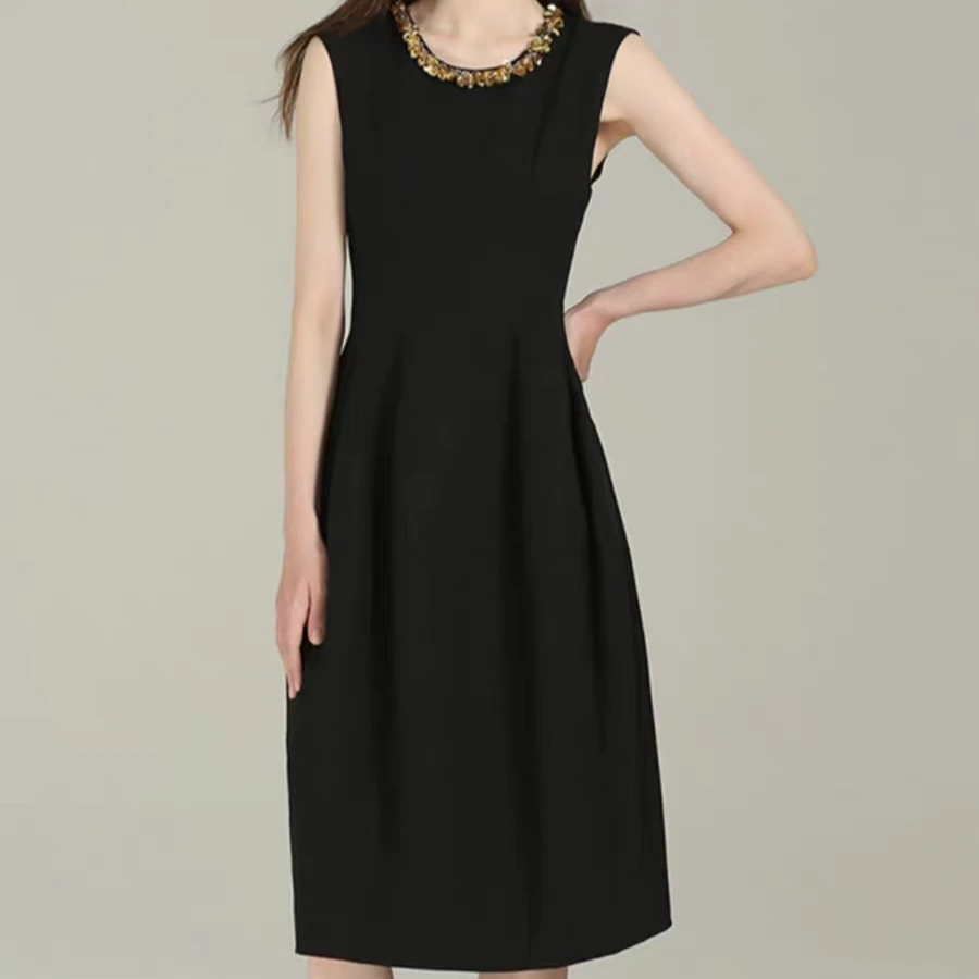 欧货小香风2025重工新款法式钉珠复古优雅气质无袖背心连衣裙