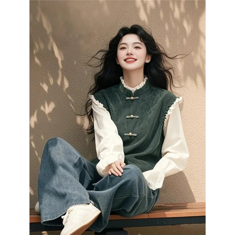新中式绿色假两件盘扣长袖衬衫女2025年春季新款国风独特别致上衣
