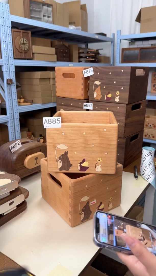 木885号樱桃木方形龙猫收纳筐微瑕