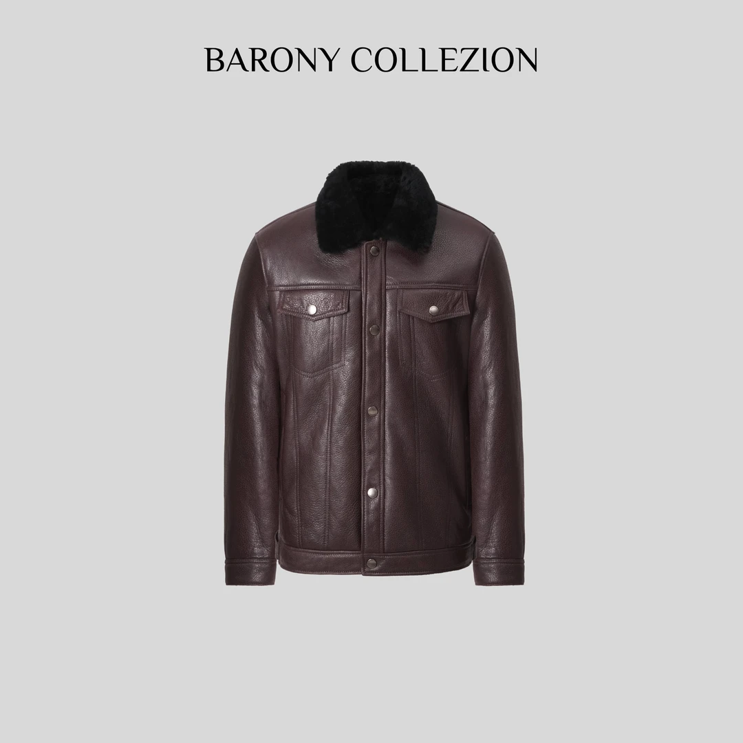 ‘BARONY’【81189】男士酒红休闲短款皮毛一体外套男款轻奢时尚真皮