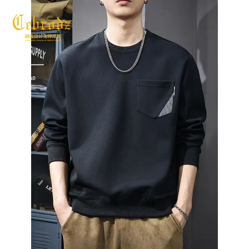 法国Cebrodz秋季新款美式口袋拼接圆领卫衣男士宽松休闲长袖百搭
