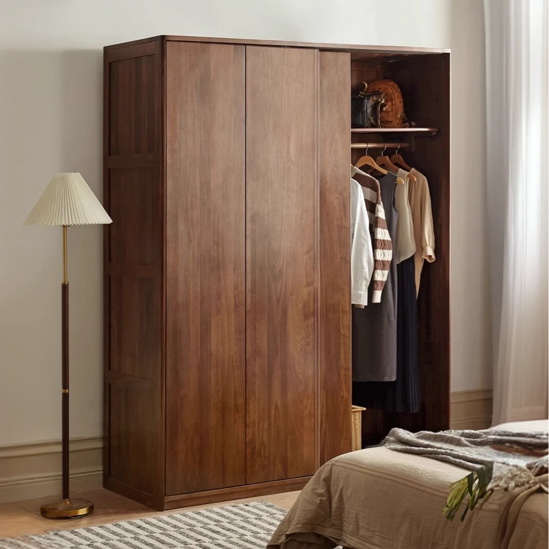 实木推拉门衣柜家用卧室黑胡桃木移门柜子北欧挂式收纳柜
