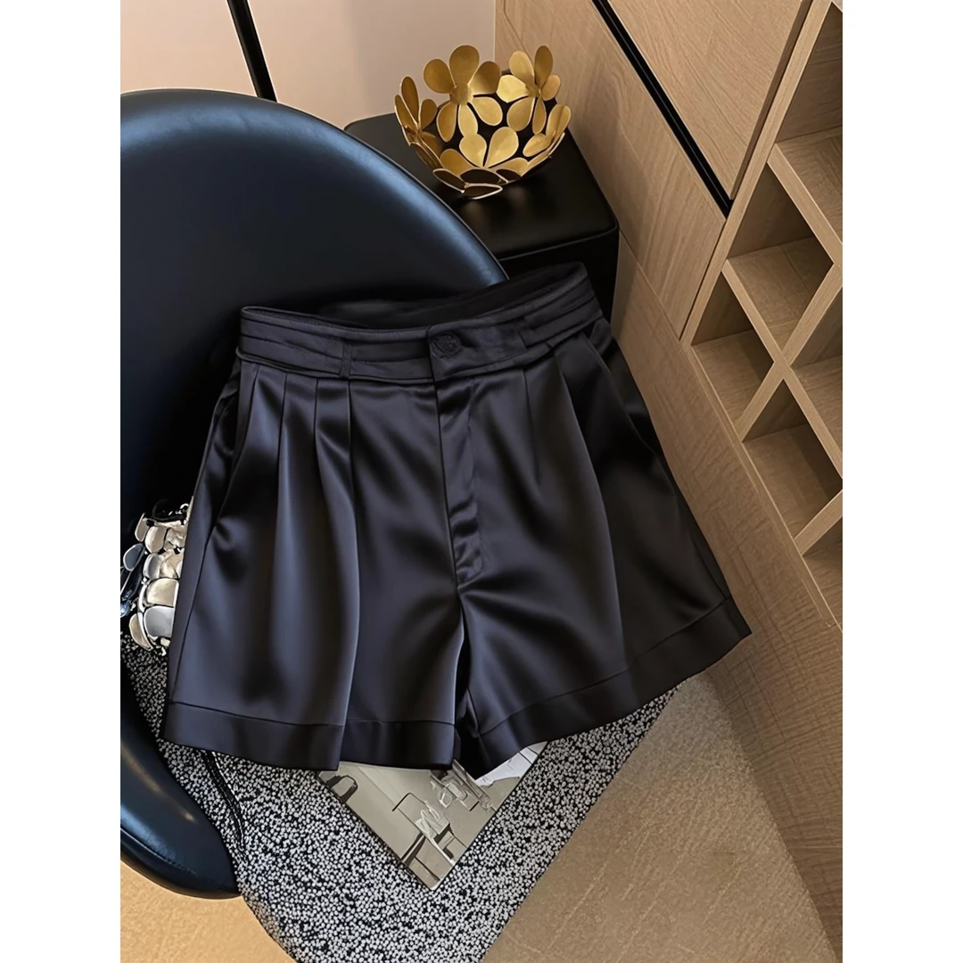 黑色高腰休闲短裤女夏季新款高级感醋酸缎面垂感显瘦阔腿小众短裤
