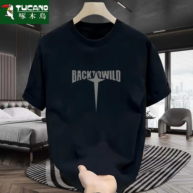 啄木鳥休闲男士全棉短袖t恤纯棉宽松潮流百搭印花半袖ins韩版圆领