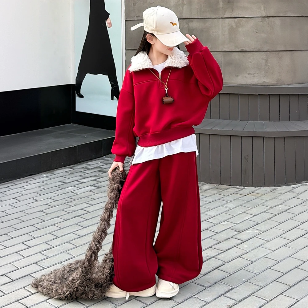 女童秋冬款加绒加厚红色新年服卫衣套装中大童洋气毛领儿童冬装潮