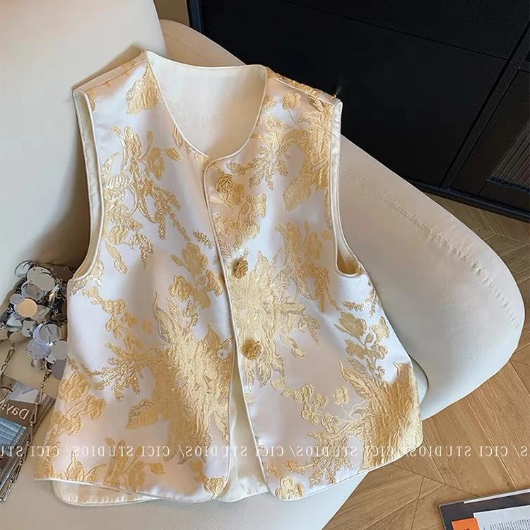 新款新中式气质叠穿坎肩背心烫金提花无袖马甲春季