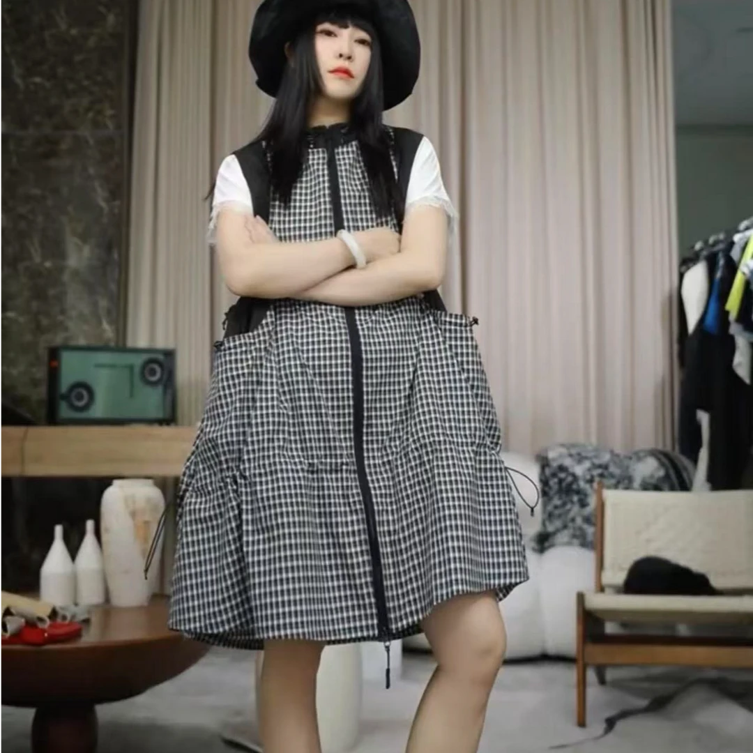infobyfive福利夏季新款拼接拼色格子开衫连衣裙马夹裙NF0506034
