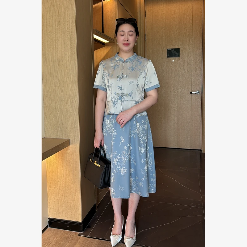双面提花冰丝缎套装裙2025夏季新款国风时尚收腰减龄妈妈两件套裙
