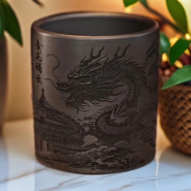 全手工原矿石黄泥料刻绘金龙紫砂主人杯品茗喝茶茶具180cc
