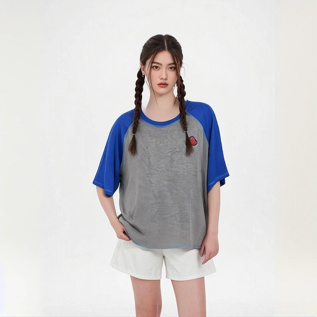 A278拼色明线插肩刺绣大版T恤男女同款夏季95棉宽松短袖