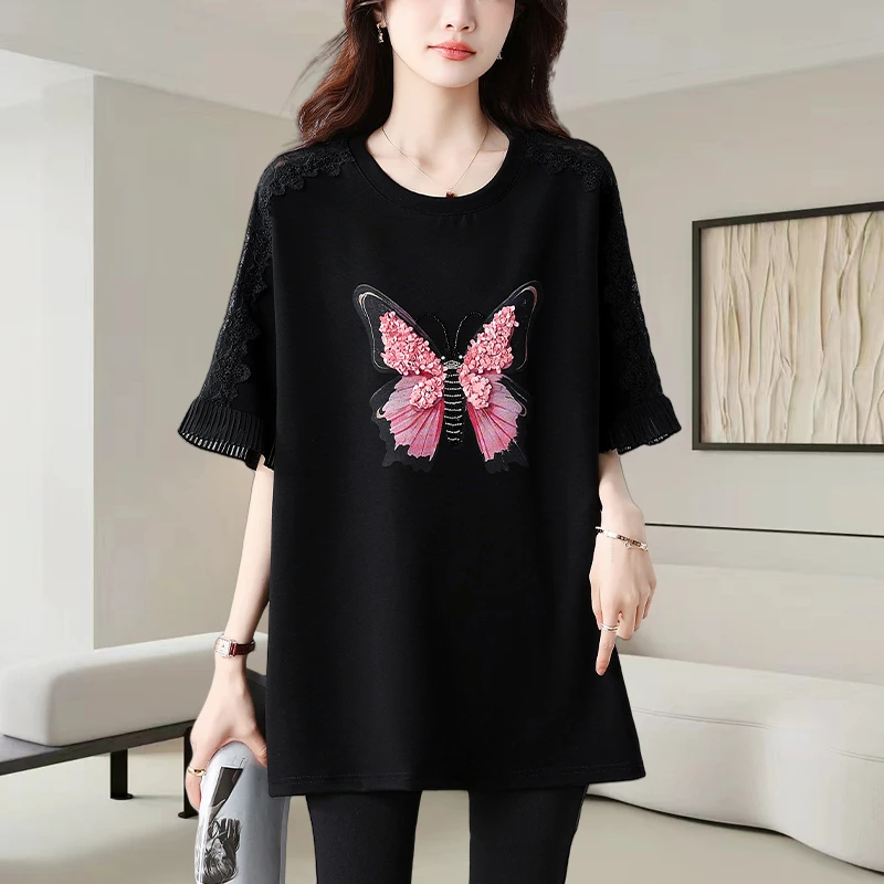 重工钉珠蝴蝶印花短袖t恤女2025夏季时尚减龄宽松显瘦休闲上衣