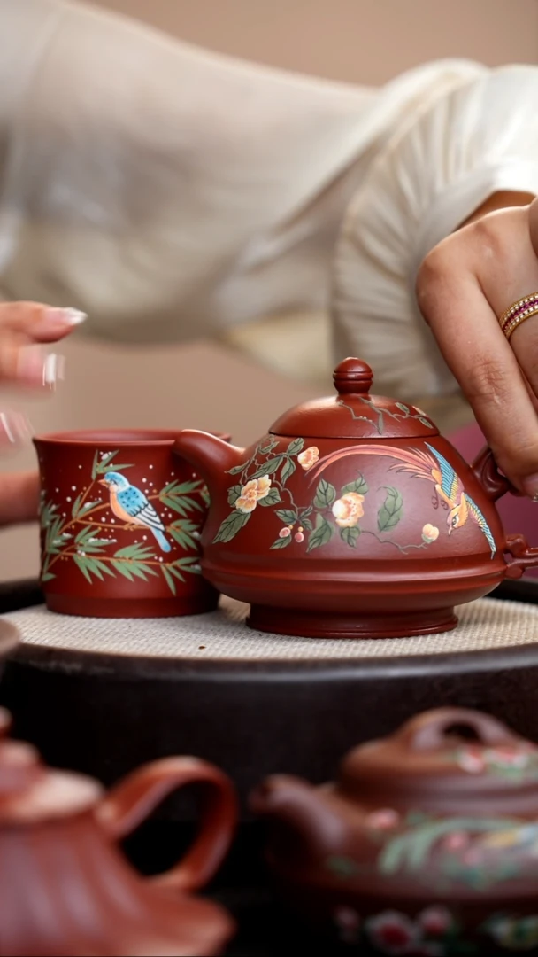 茶壶紫砂大红袍玉笠泥绘鸟+杯