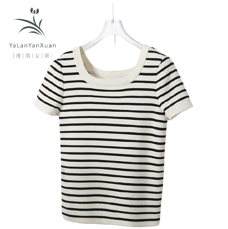 【雅岚女装】时尚洋气显瘦复古条纹方领针织T恤短袖正肩短袖春夏季