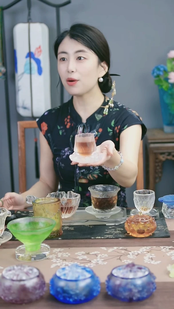 琉璃手工艺品古法琉璃磨砂异形杯垫和小高足茶盏套装