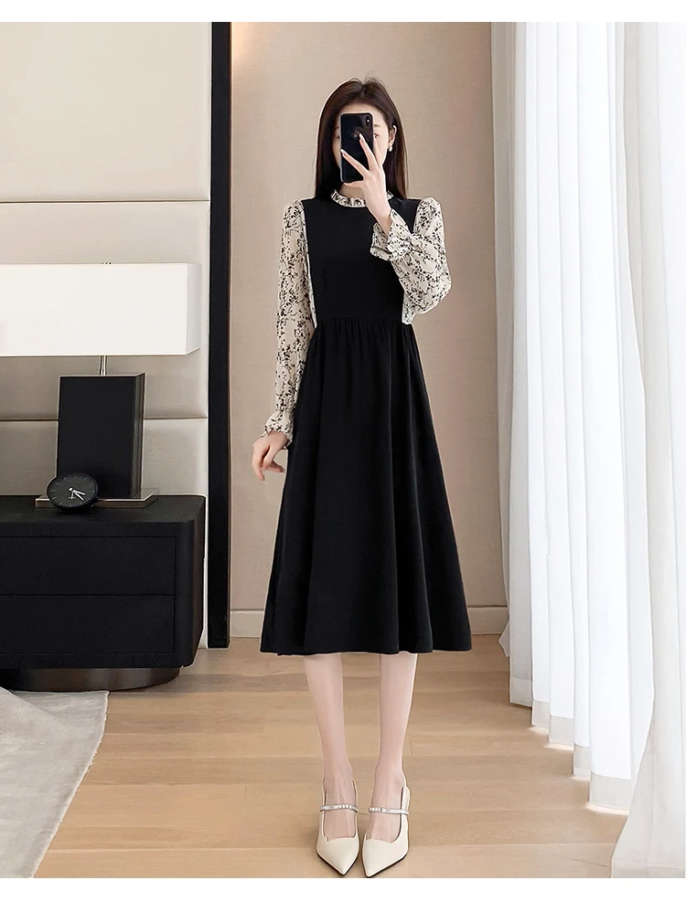 迷蔓│黑色法式雪纺连衣裙新款轻奢收腰显瘦拼接时尚a字裙子女