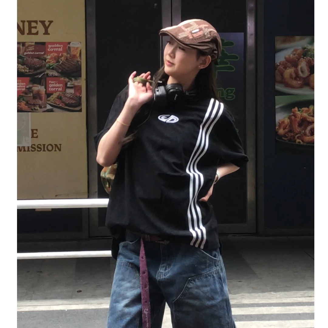 【饭困了】美式复古宽松正肩潮流POLO运动风T恤夏季潮