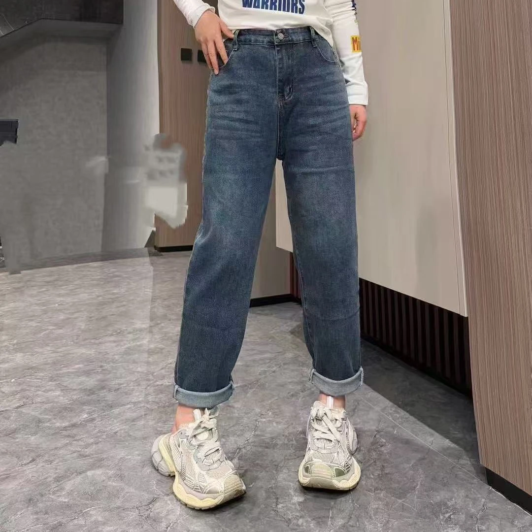 广州爆版显瘦拼皮标牛仔老爹裤（裤长98左右）