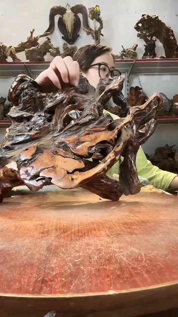 木等****趣黄荆随型风化镂空底座摆件无漆无蜡