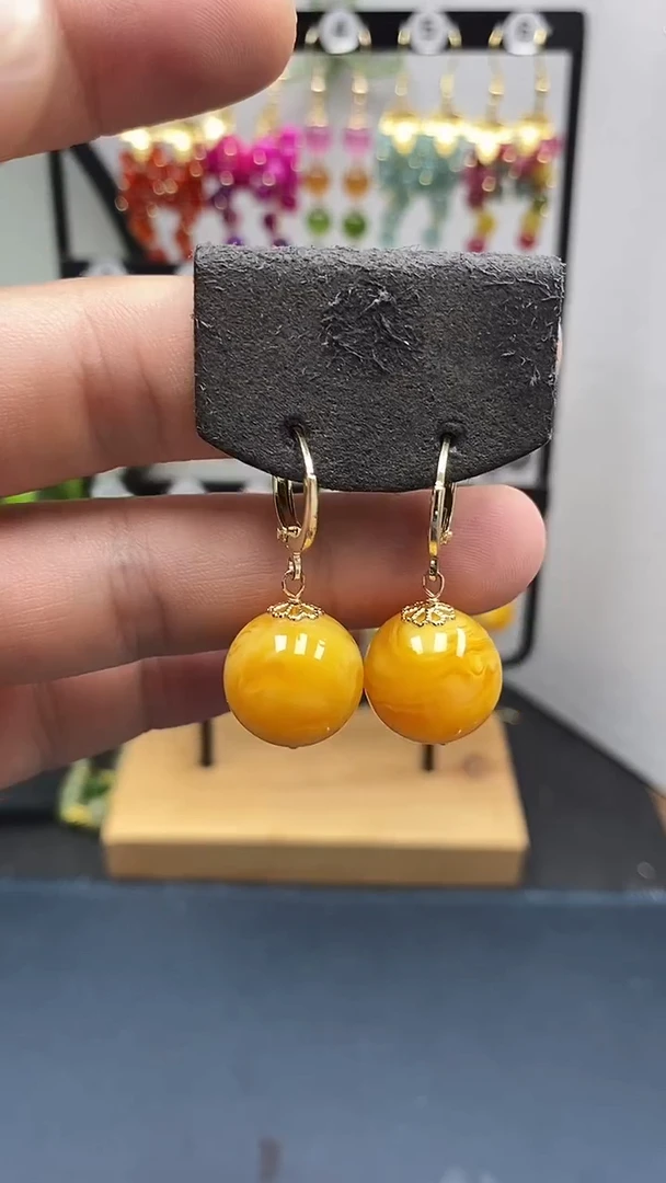 银S925镀金镶嵌蜜蜡耳饰尺寸16mm耳扣06