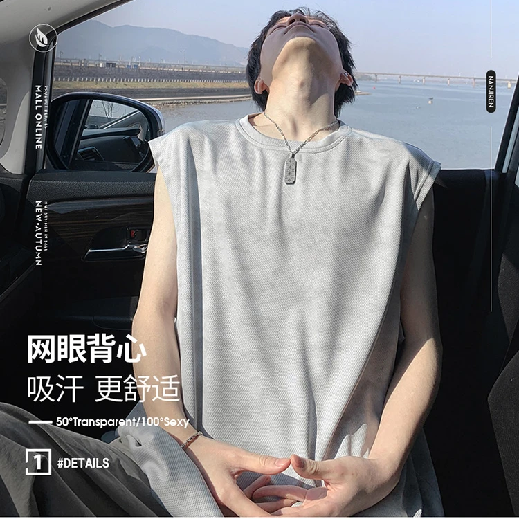 坎肩薄款新款2025男士宽松字母纯棉潮流百搭高品质冰丝发泡无袖