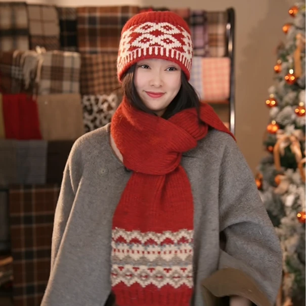 2024秋冬新款图案针织帽子围巾时尚百搭骑车保暖ins风通勤