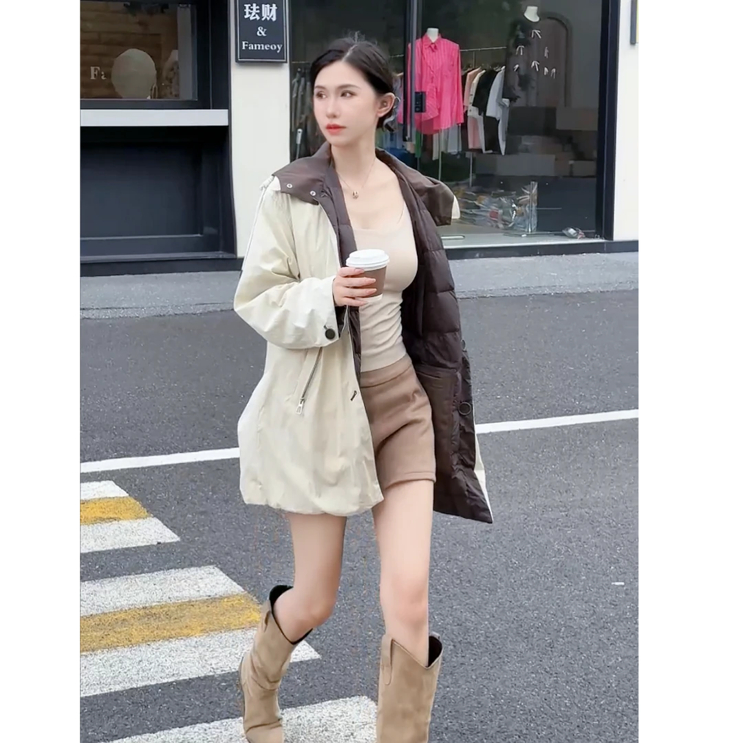缇彩中长款英伦风风衣女士冬季新款高端拼色设计洋气羽绒服外套