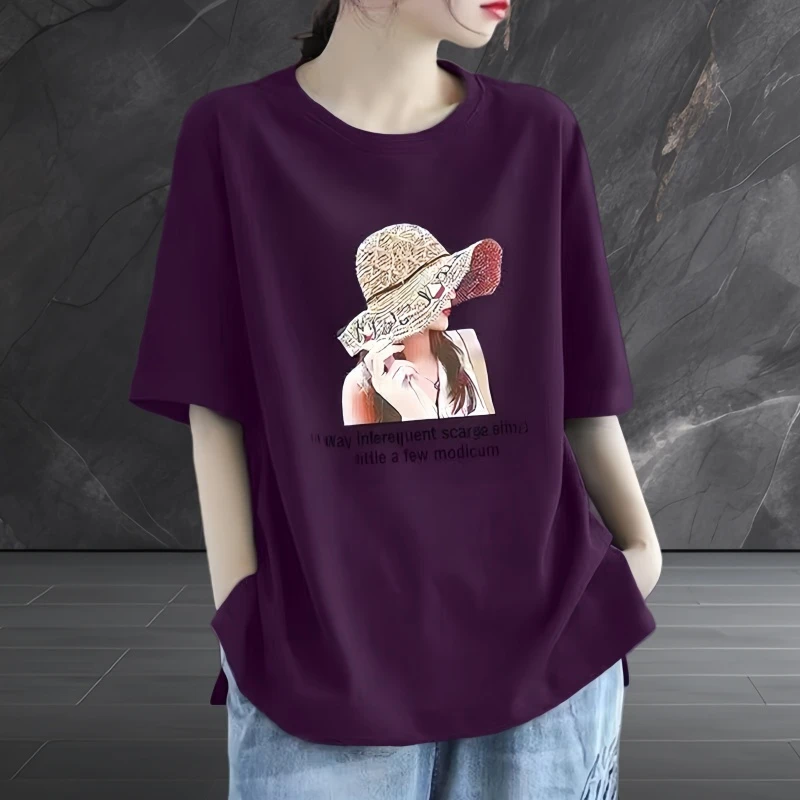 (专柜品质)2025宽松圆领短袖t恤女夏季中袖百搭显瘦上衣68911