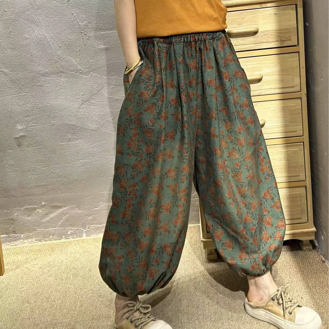 【半奏】碎花印花松紧腰牛仔灯笼裤女腰围最大120臀围150裤长83