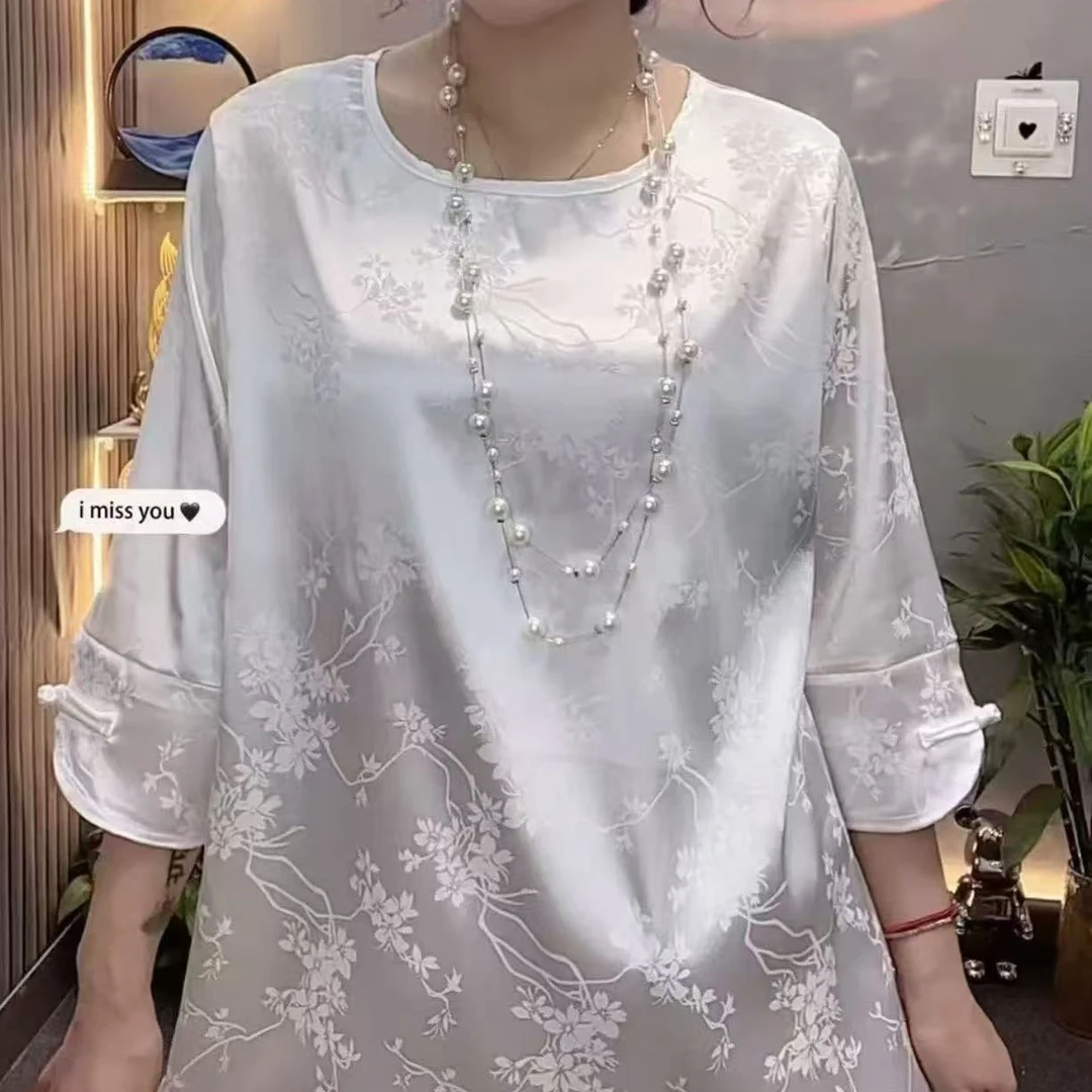 （大码女装）-1515中式夏季新款提花衬衫女时尚圆领宽松长袖上衣