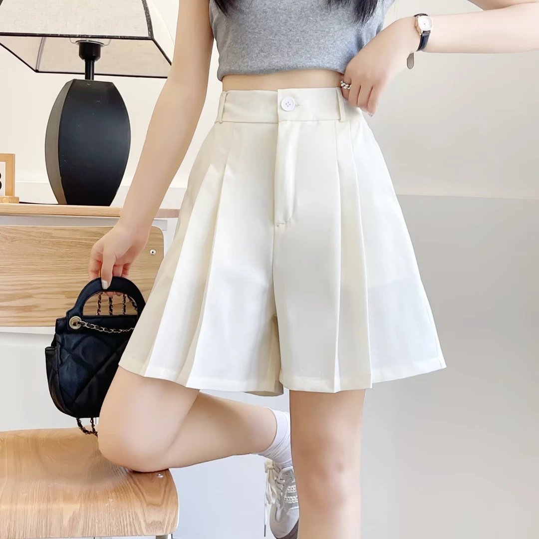 短裤女大码2025夏季新款胖mm200斤半松紧腰百褶阔腿西装五分裤