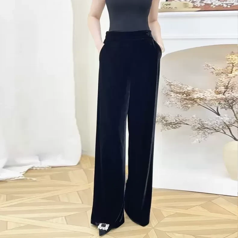 1904新款中老年妈妈百搭休闲黑色丝绒裤子时尚松紧腰大码阔腿裤女