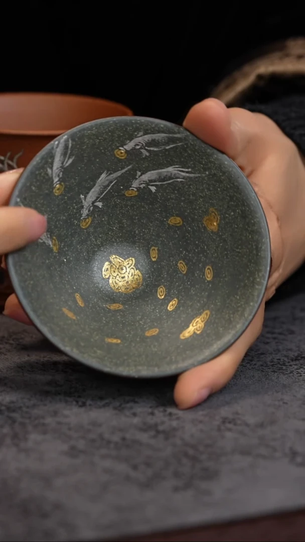 【闪购商品】紫砂茶杯斗笠杯 双色粉浆 金银错