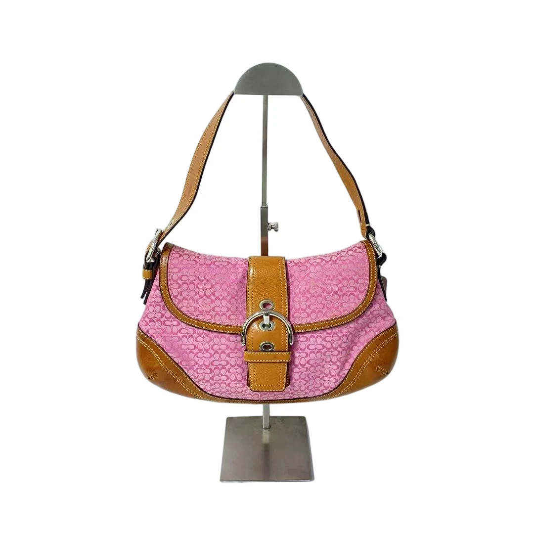 95新 COACH/蔻驰 玫红经典老花帆布拼皮单肩腋下豌豆包 2506LQ209