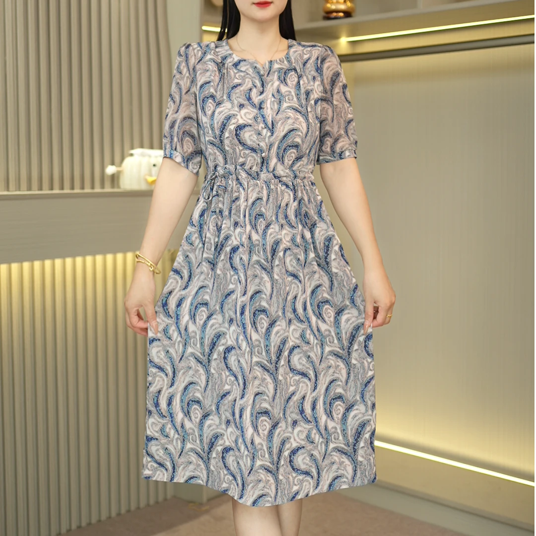 【闪闪凤尾花】连衣裙气质套头提花长裙复古中袖夏季常规H型裙