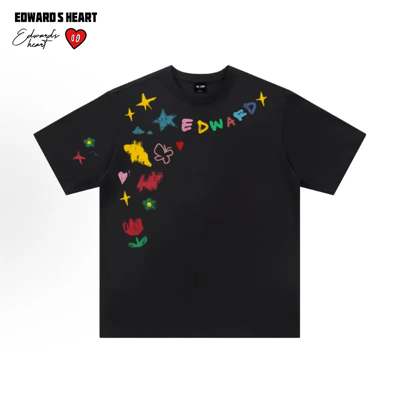 爱德华桃心短袖纯棉夏季卡通印花T恤时尚洋气百搭半袖宽松圆领t桖
