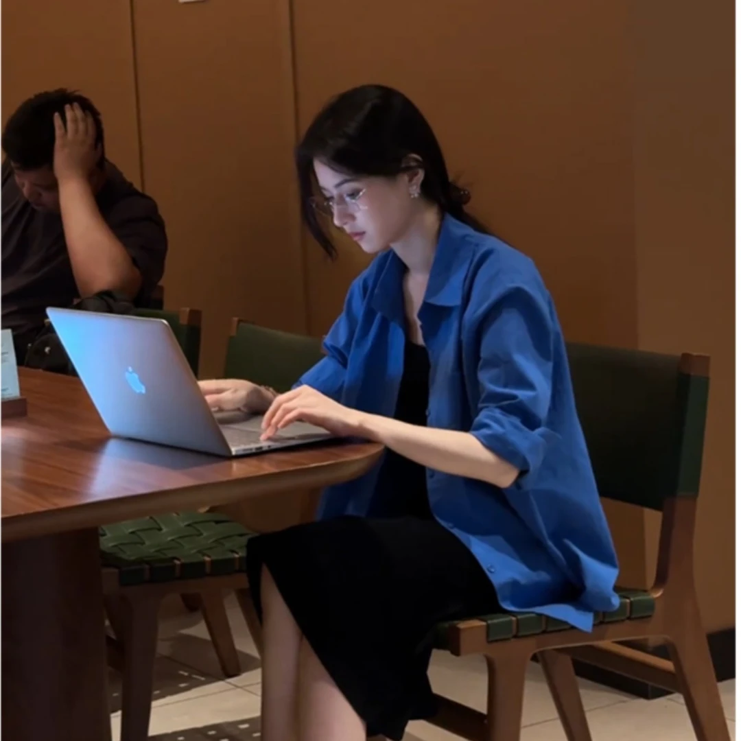 蓝色纯棉衬衫女慵懒风长袖2025春季新款宽松中长款时尚开衫上衣