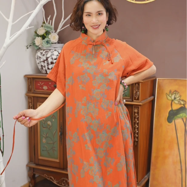 古匠繁花橘棉双层纱连衣裙宽松套装柔软新中式复古中长款睡裙