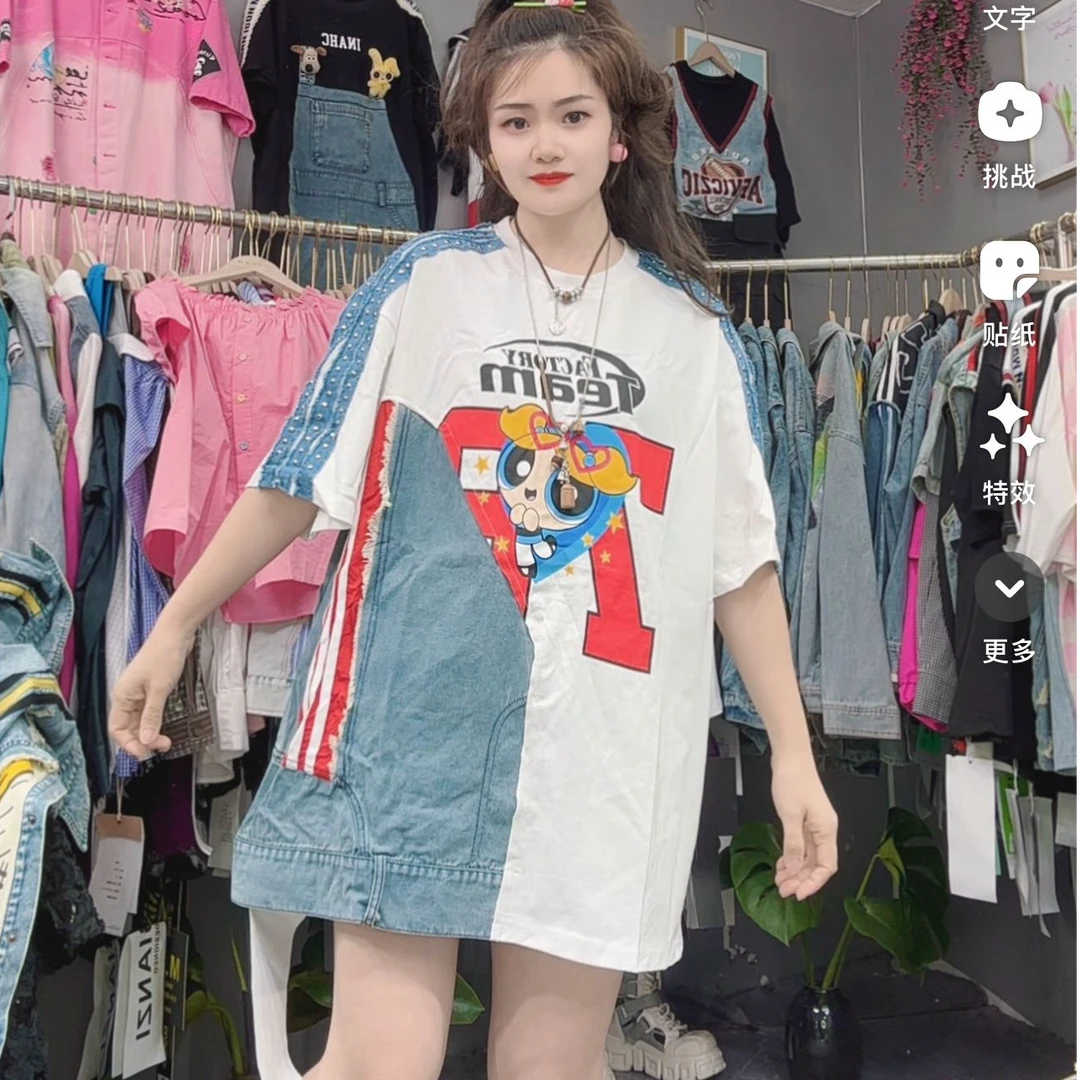 LY家36132#AF 卡通印花牛仔拼接宽松百搭休闲T恤