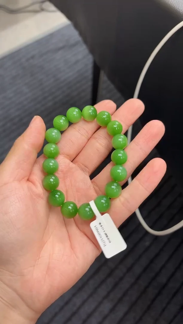 未镶嵌手链和田玉粉绿猫眼12mm手串