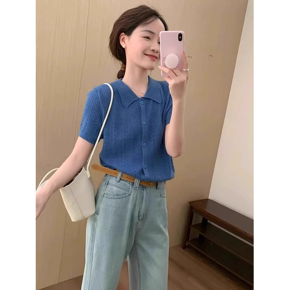 宝蓝色Polo领针织衫正肩短袖女夏季薄款冰丝翻领T恤独特漂亮上衣