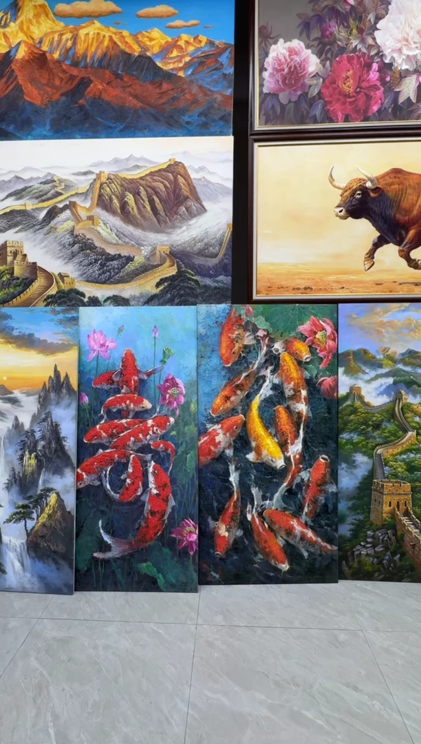 油画洋*张俊龙原创油画十三鲤锦鲤玄关茶室背景版画装饰画