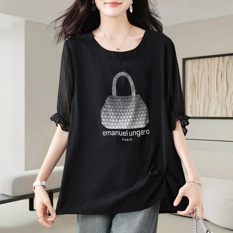 中长款黑色印花烫钻中袖t恤女士2025夏季宽松显瘦抽褶设计感上衣