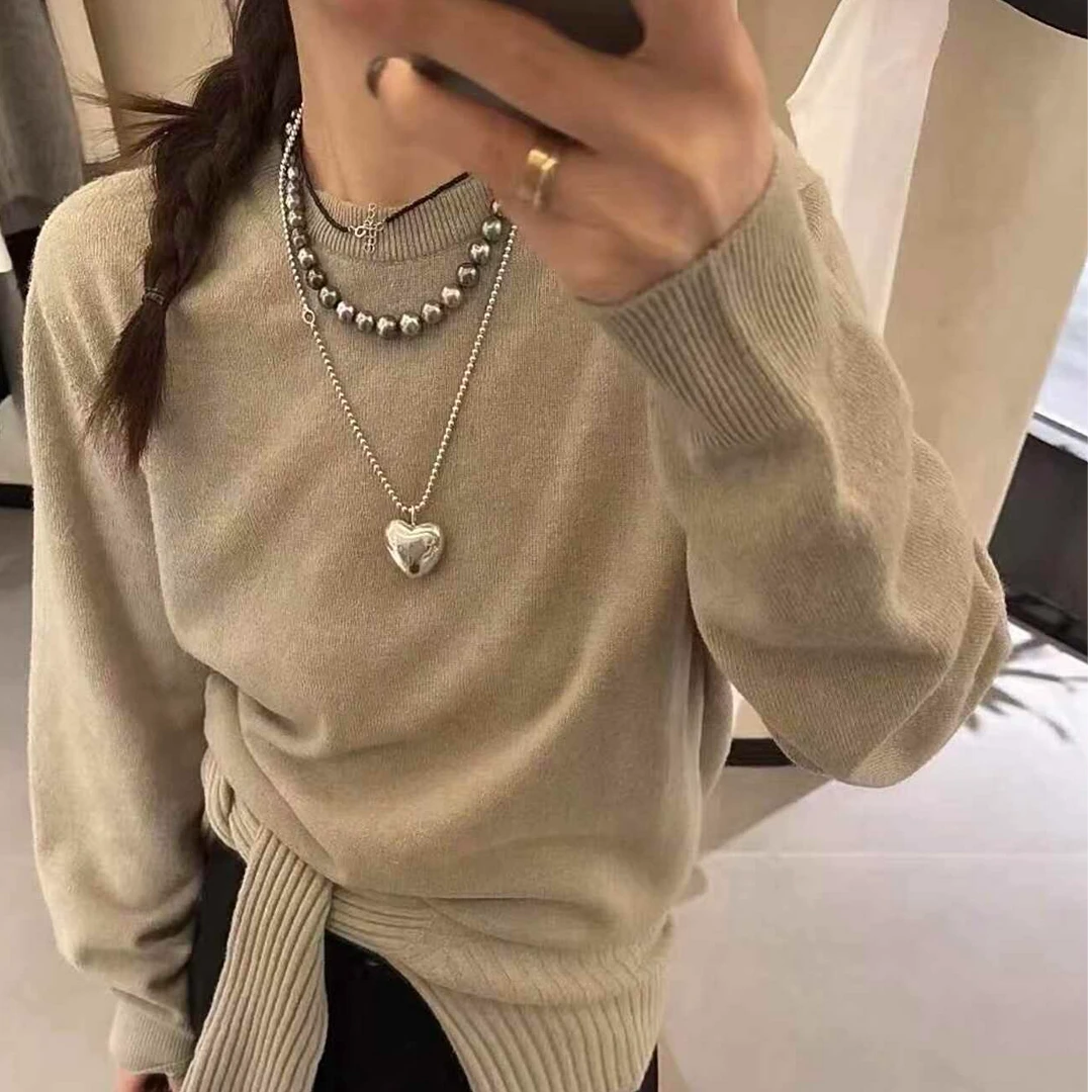 合金吊坠 韩国大爱心项链毛衣链长款米粒珠珠新款百搭ins简约配饰