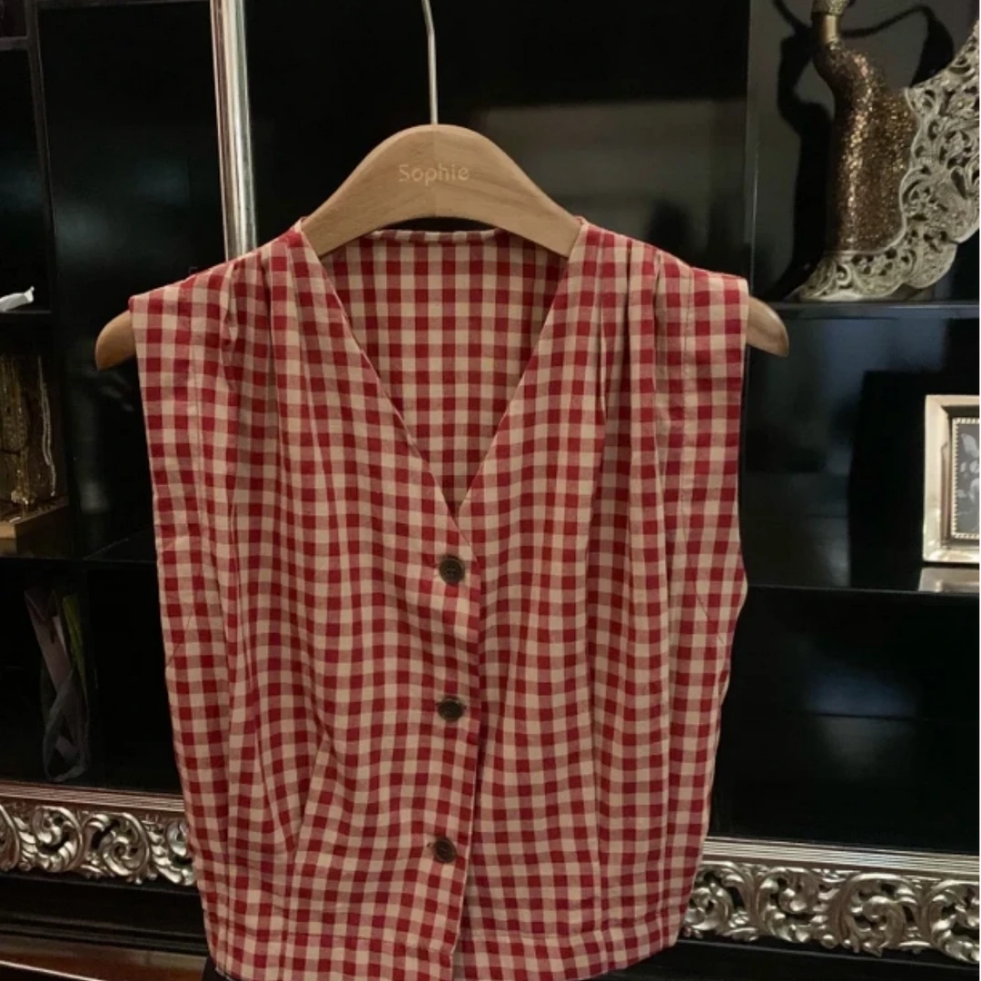 法式设计感v领无袖格子衫2025夏新款复古时尚格子衬衫女气质百搭